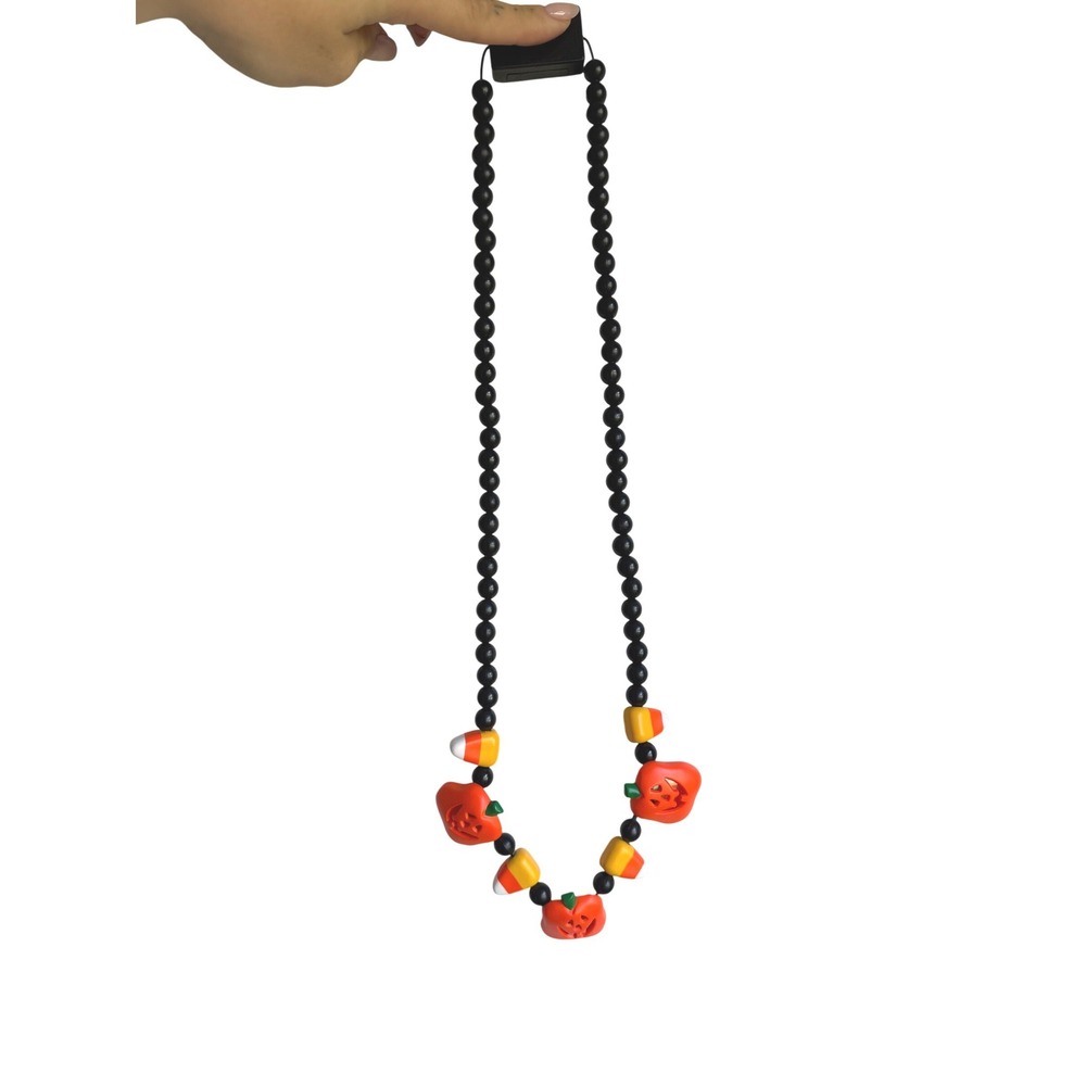 Vintage 1990 Hallmark Halloween Necklace Black Beads Pumpkin Candy Corn Novelty
